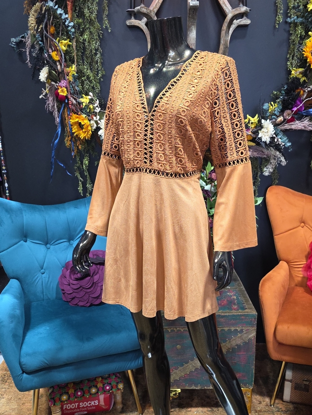 Boho Crochet V-Neck Mini Dress in Faux Suede Camel Tan